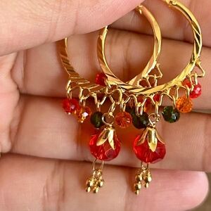 Bollywood  earings / hoops gold plated with red n dark green crystals  / jhumka